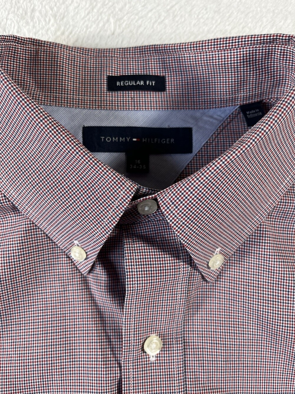 Tommy Hilfiger Button Down Shirt Mens 16/34-35 Red Blue Check Regular Fit